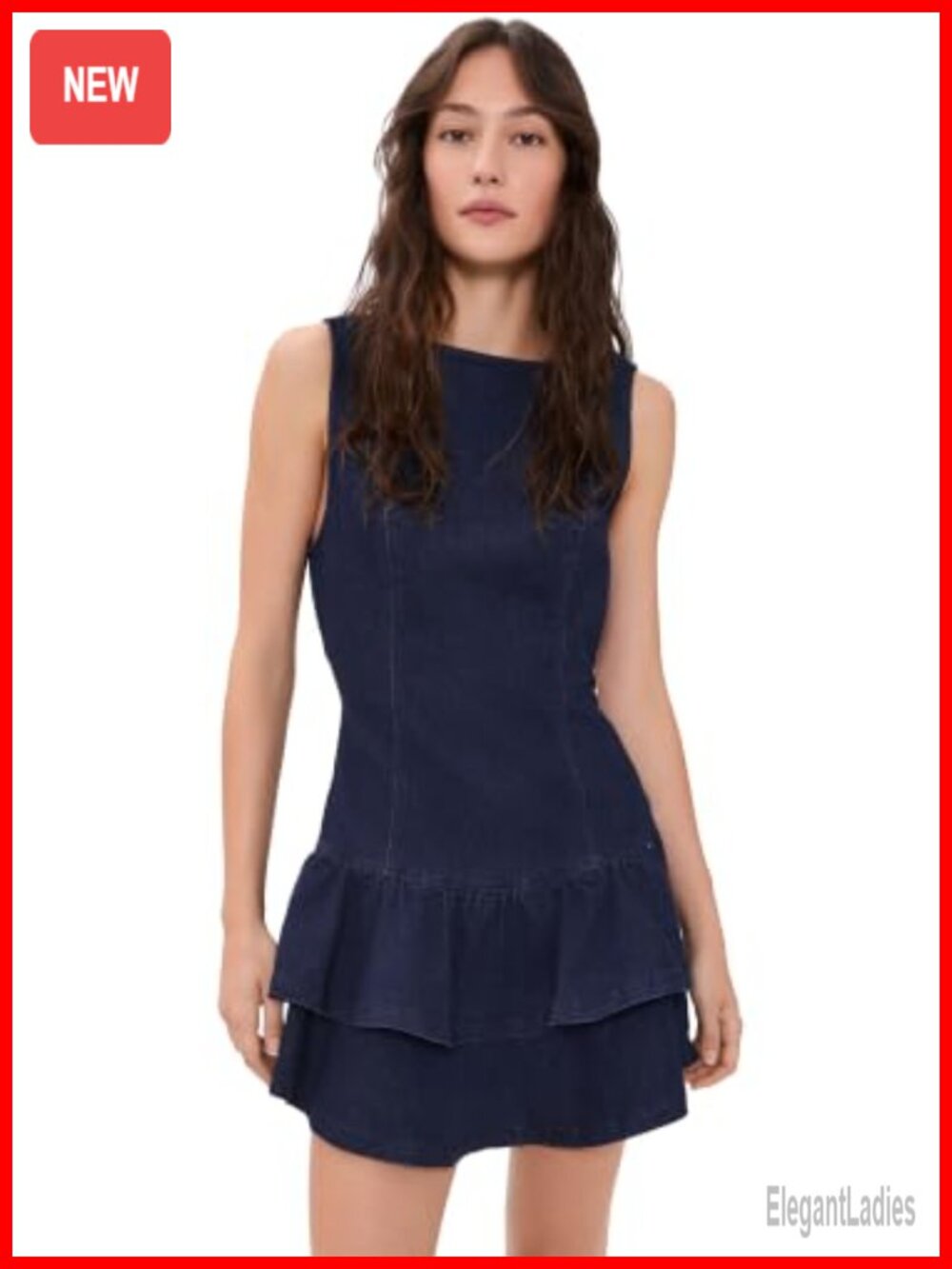 Sleeveless Denim Mini Dress Tiered Boat Neck Back Cutout Casual